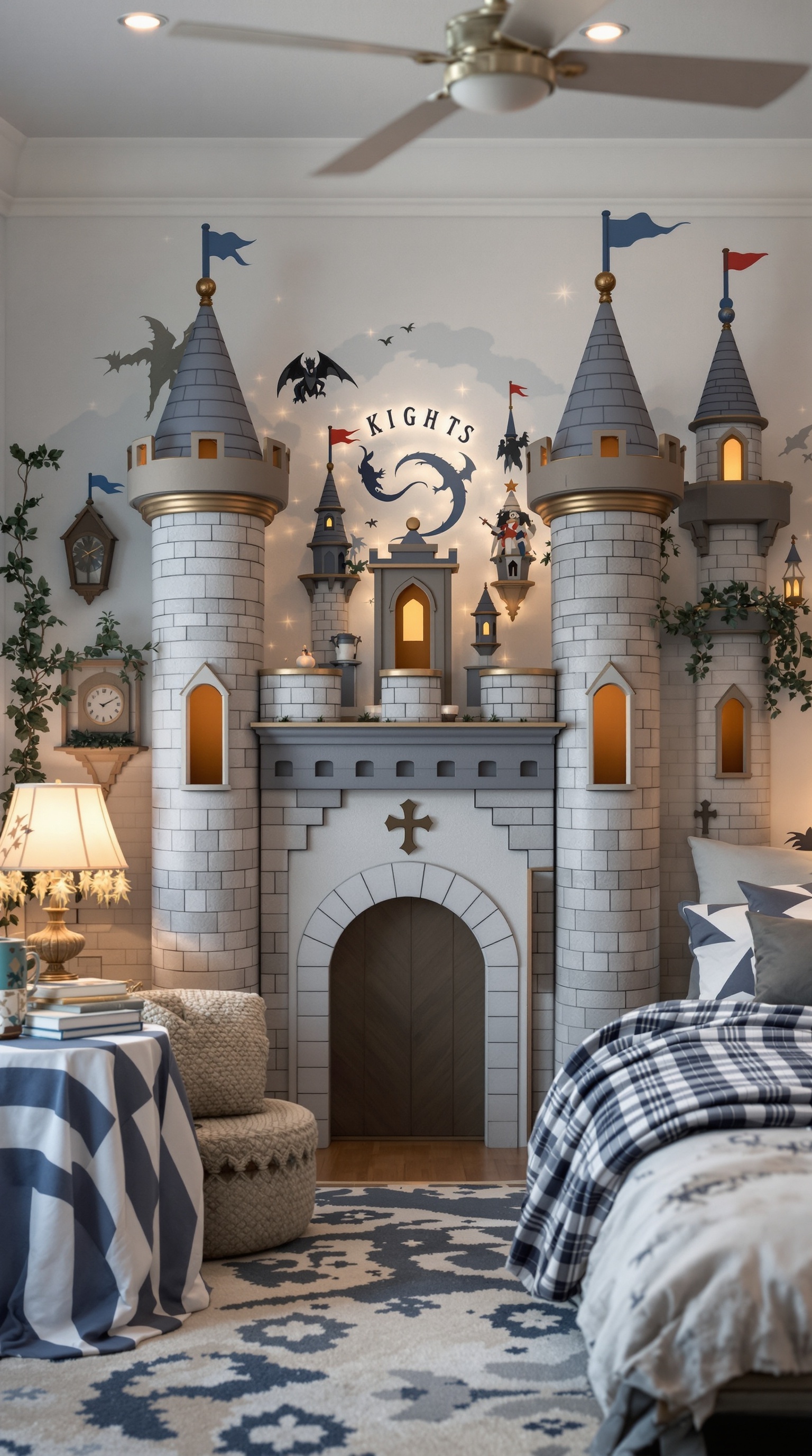 A children's room designed like a fantasy castle with towers, flags, and dragon decorations.