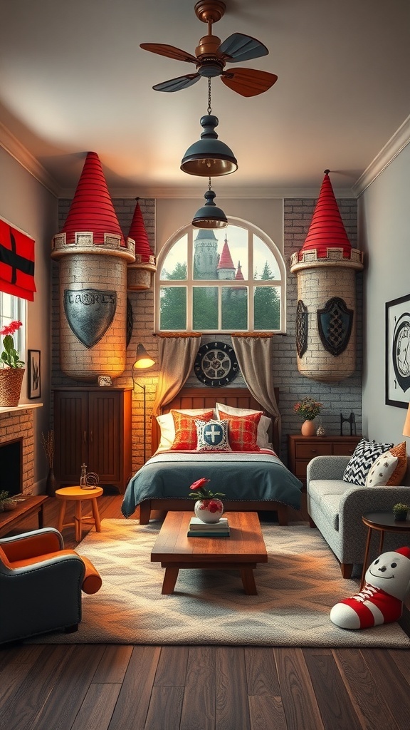 A boy's bedroom designed like a fantasy castle with towers, cozy furniture, and warm colors.