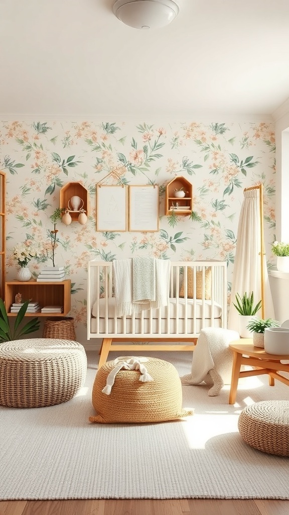 A beautifully designed nursery with floral wallpaper, a white crib, and cozy poufs.