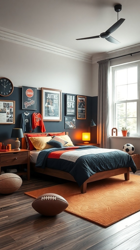 A boys bedroom designed with a sports theme, featuring a bed with a colorful quilt, sports posters on the walls, and footballs on the floor.