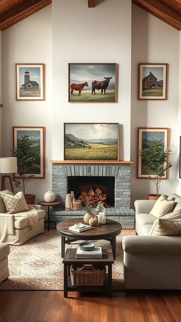 Rustic farmhouse living room with farm-inspired artwork and prints