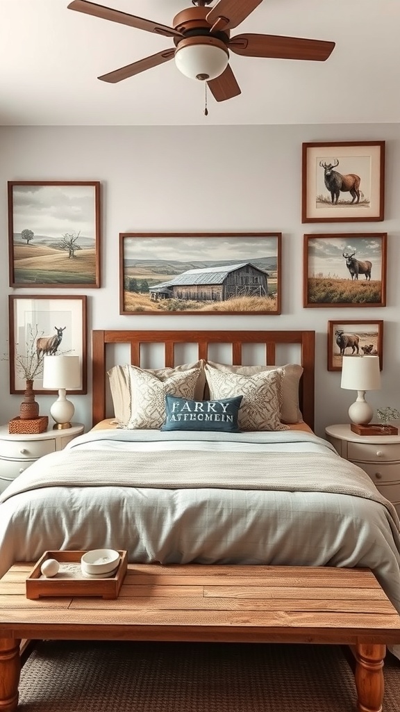 A rustic farmhouse bedroom featuring farm-inspired artwork on the walls, including landscapes and animals.