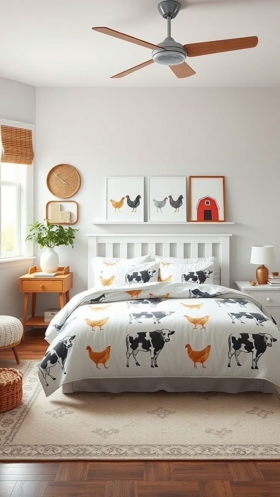 A cozy teen bedroom with farm-inspired bedding featuring cows and chickens, complemented by rustic decor.