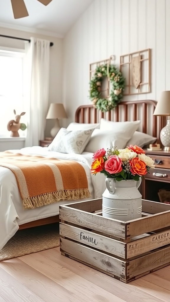Cozy farmhouse bedroom with wooden accents and floral decor