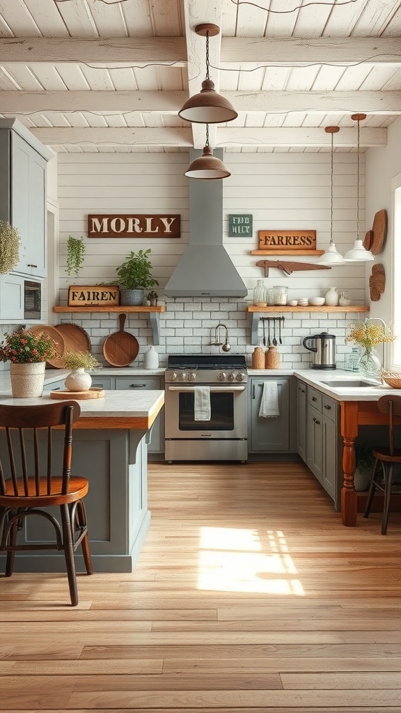 A rustic farmhouse kitchen featuring muted blue cabinets, wooden accents, and decorative signs.