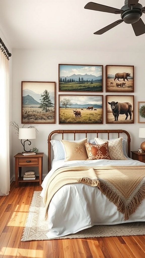 A rustic farmhouse bedroom featuring farm-inspired wall art with landscapes and animals.