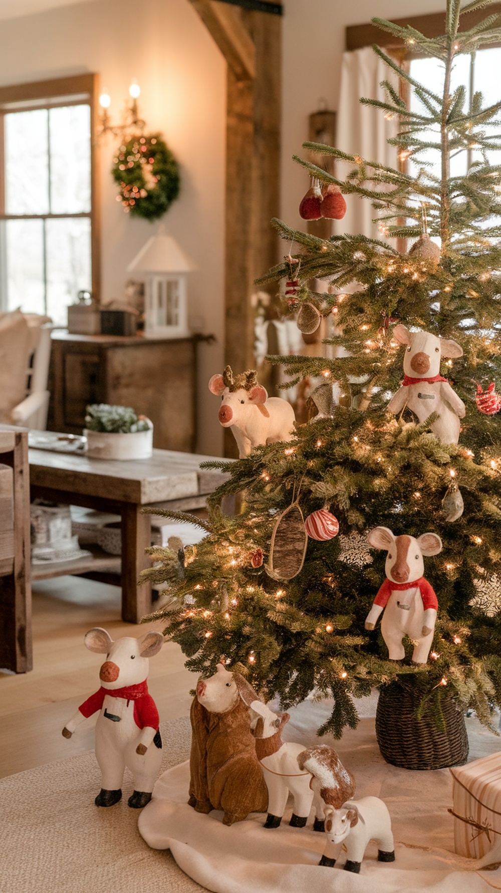 A cozy Christmas scene with a decorated tree surrounded by cute farm animal figures.
