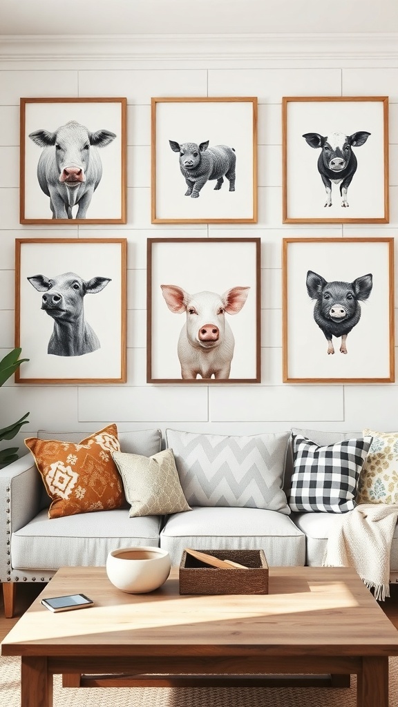 A cozy living room featuring framed farm animal prints on the wall, with a comfortable sofa and decorative pillows.