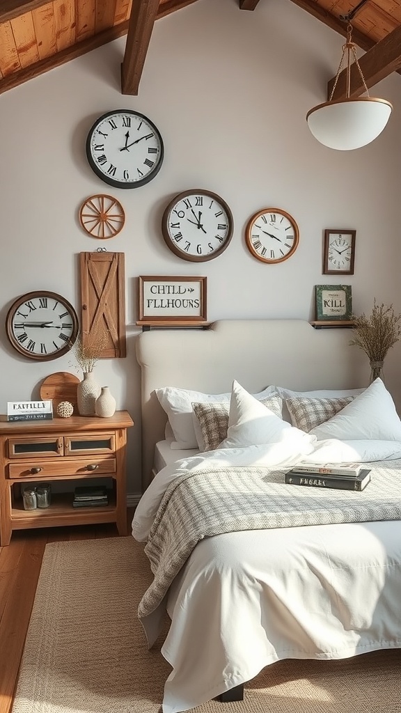 A rustic farmhouse bedroom featuring various clocks on the wall, a wooden nightstand, cozy bedding, and natural decor elements.