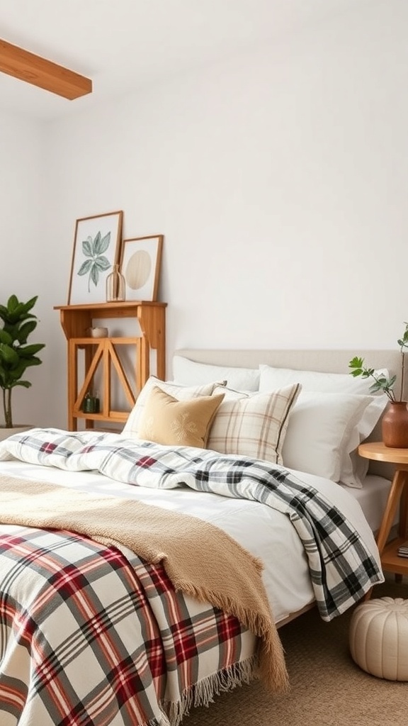 A cozy modern farmhouse bedroom with plaid bedding, layered blankets, and decorative pillows.