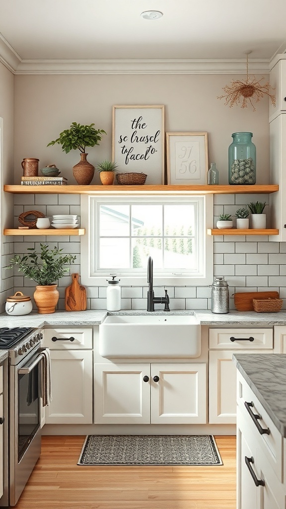 A cozy farmhouse-inspired kitchen with white cabinetry, wooden shelves, and a farmhouse sink.