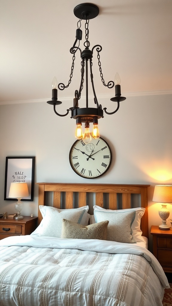 A vintage farmhouse bedroom with a black chandelier, wooden bed, and cozy decor.