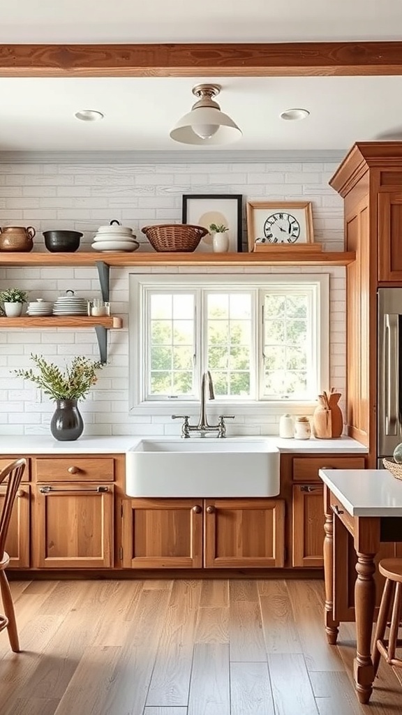 A rustic farmhouse-style kitchen featuring wooden cabinets, a large sink, and open shelving with decorative items.