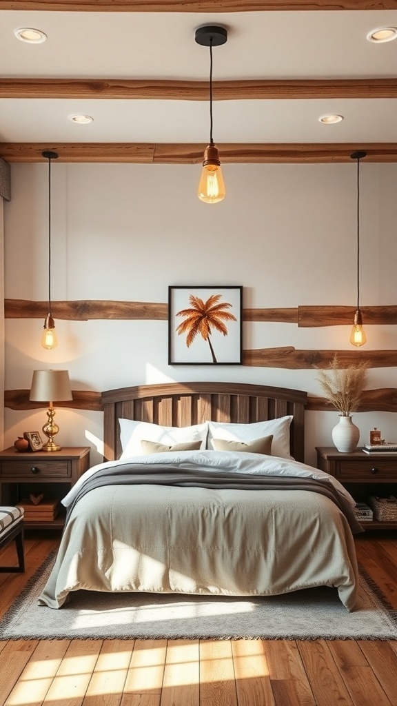 A rustic bedroom featuring farmhouse-style lighting with pendant lights and bedside lamps.