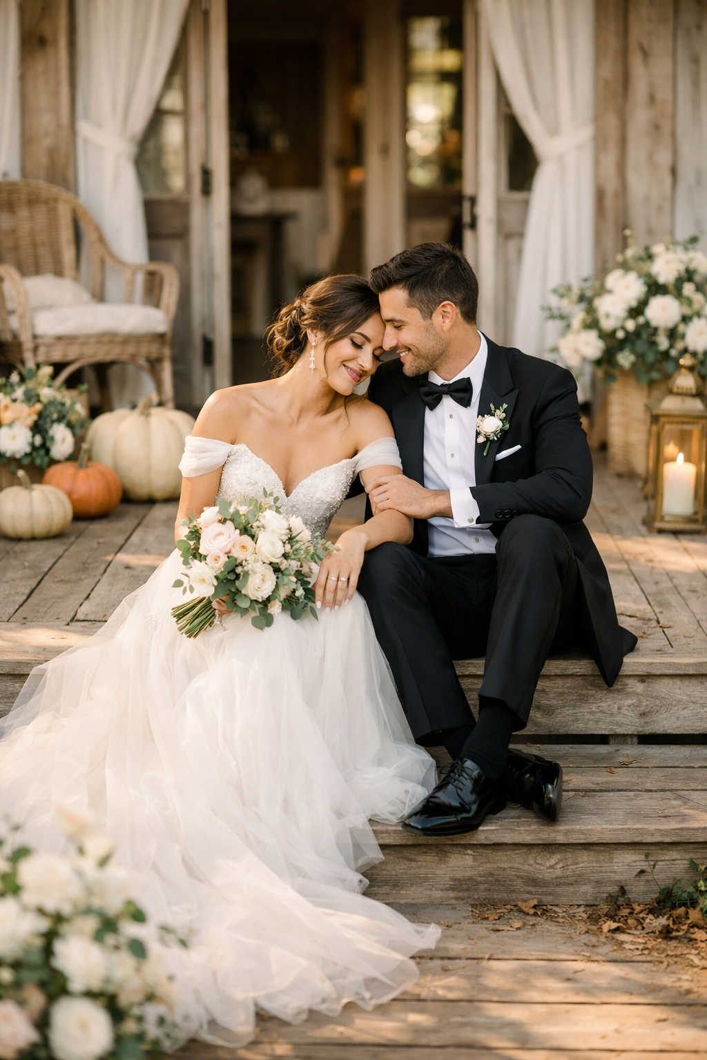 A couple embracing on the steps of a rustic farmhouse, surrounded by pumpkins and floral arrangements.