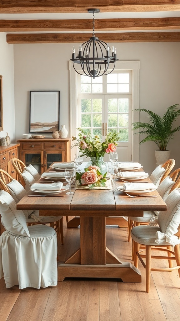 A rustic farmhouse dining table set for a meal, featuring wooden beams and a floral centerpiece.