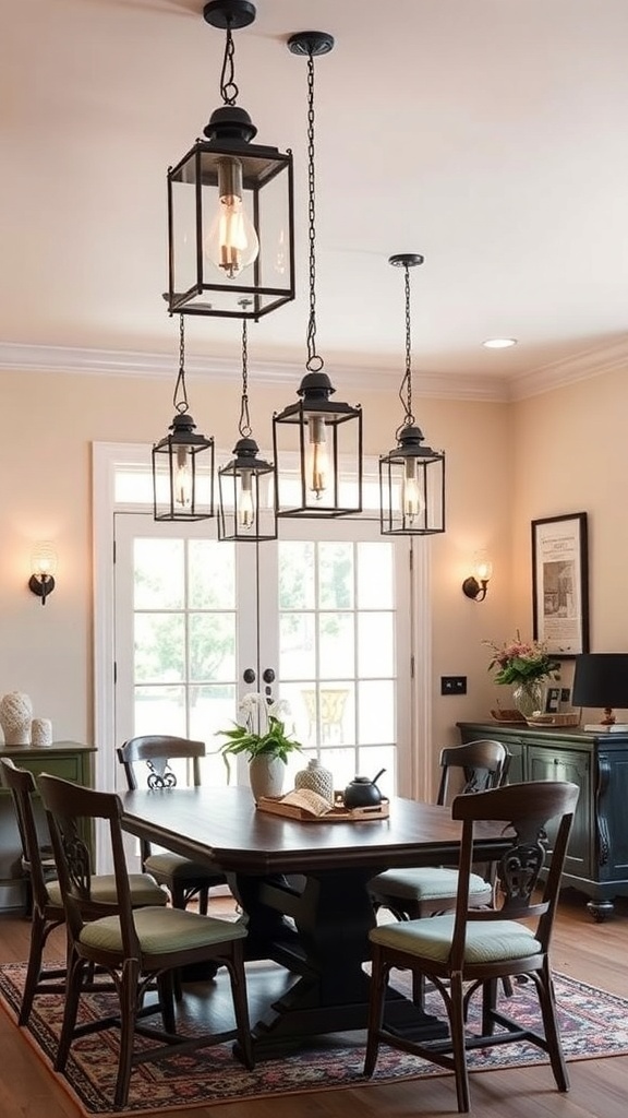 A dining room featuring hanging farmhouse lanterns over a wooden table.