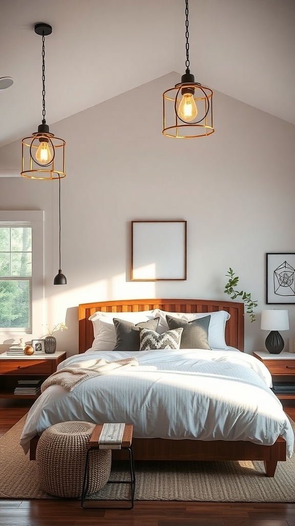 Modern farmhouse bedroom with pendant lighting and wooden bed