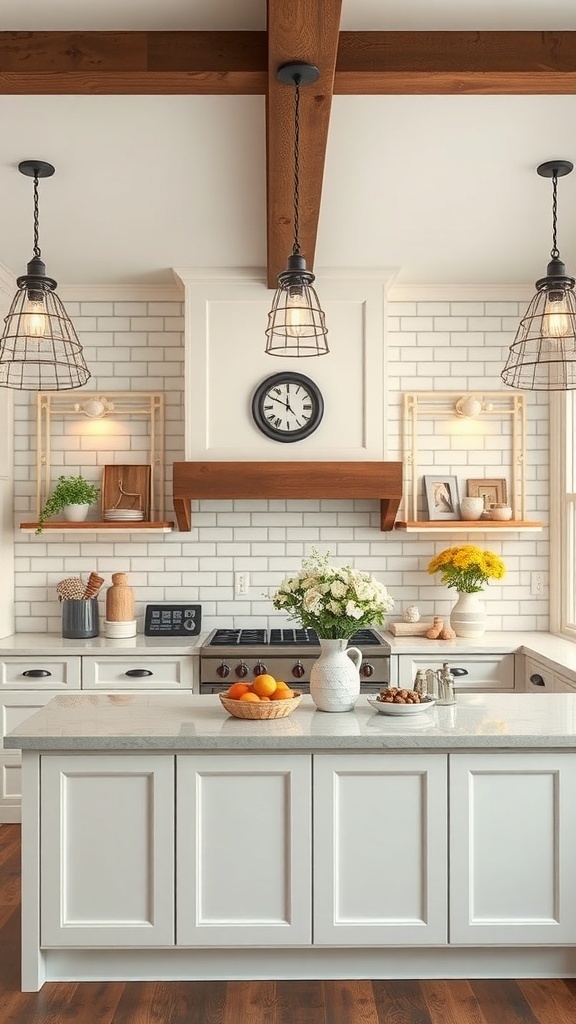 A cozy farmhouse kitchen with pendant lights, wooden beams, and open shelving.