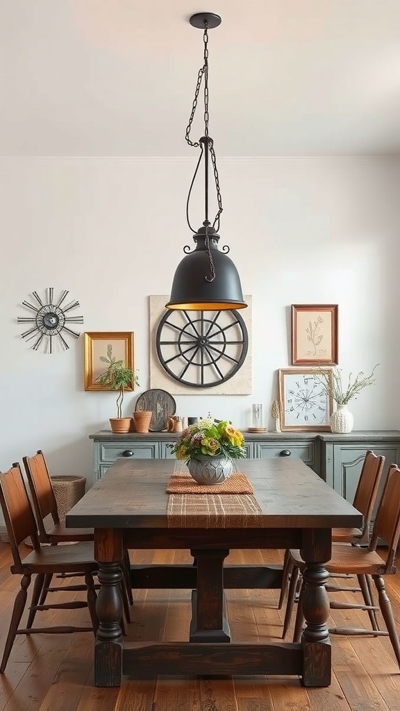 A rustic dining area featuring a black pendant light above a wooden table with chairs, decorated with plants and framed art.