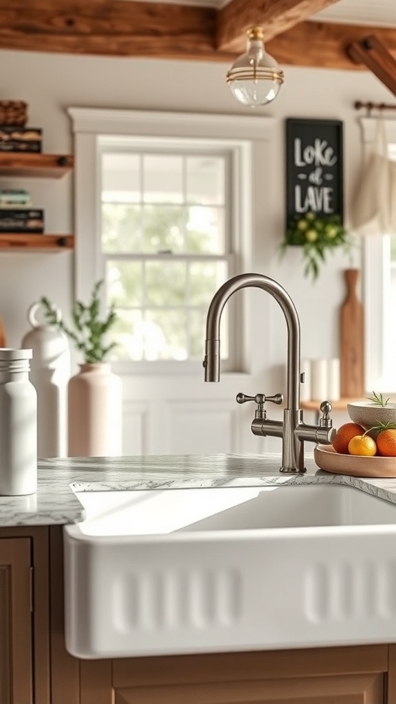 A rustic modern kitchen featuring a white farmhouse sink, sleek faucet, and marble countertop with fresh fruits.