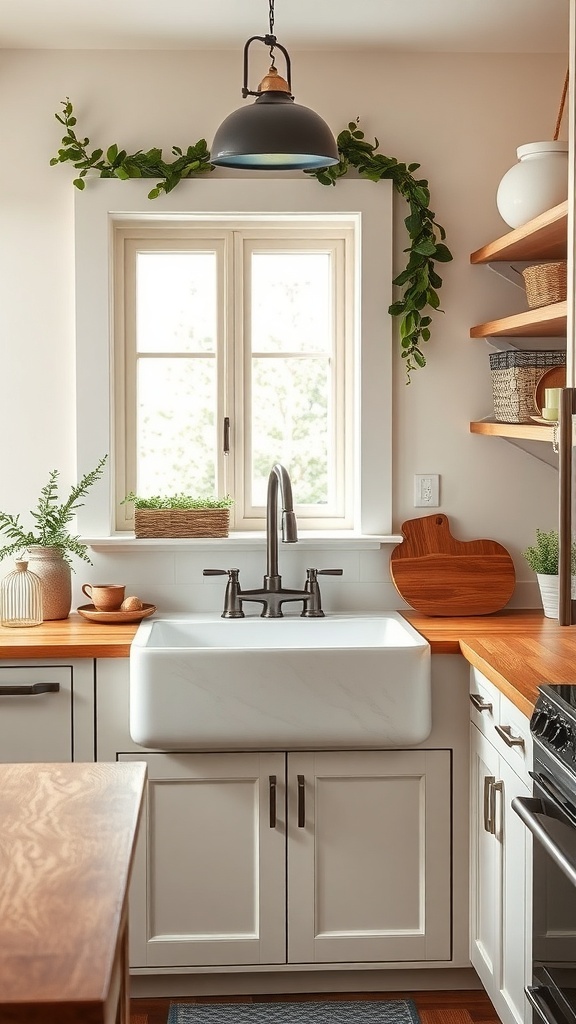 A modern rustic kitchen featuring a farmhouse sink, wooden countertops, and greenery.
