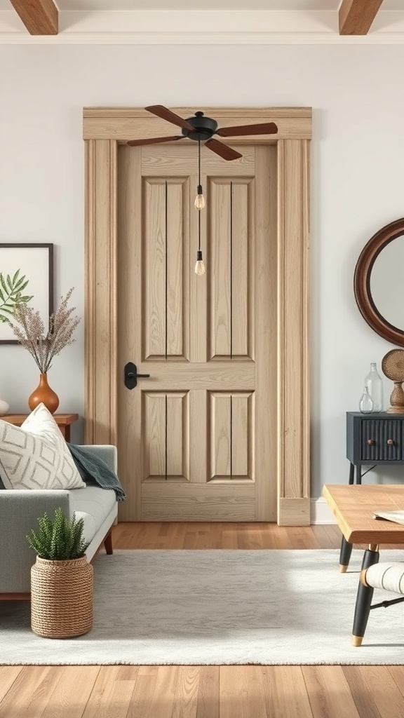 A cozy living room featuring a farmhouse style door with wide wood casing.