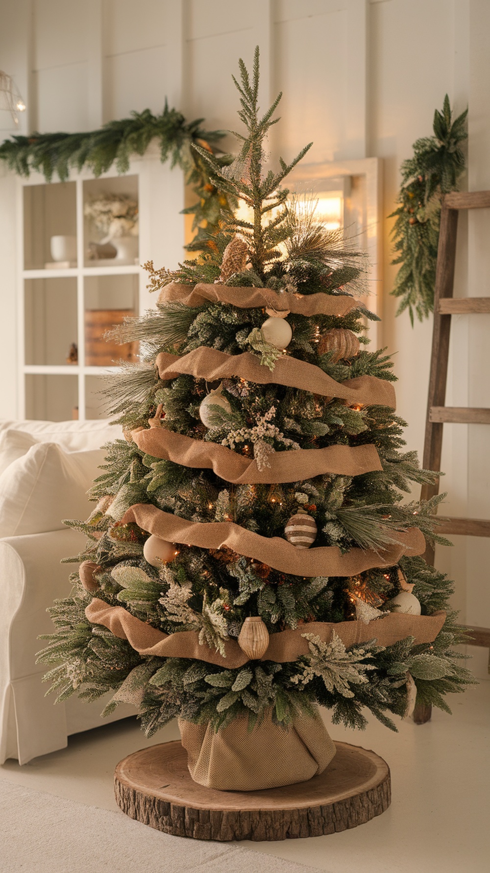 A beautifully decorated farmhouse style Christmas tree with burlap ribbon and natural ornaments.