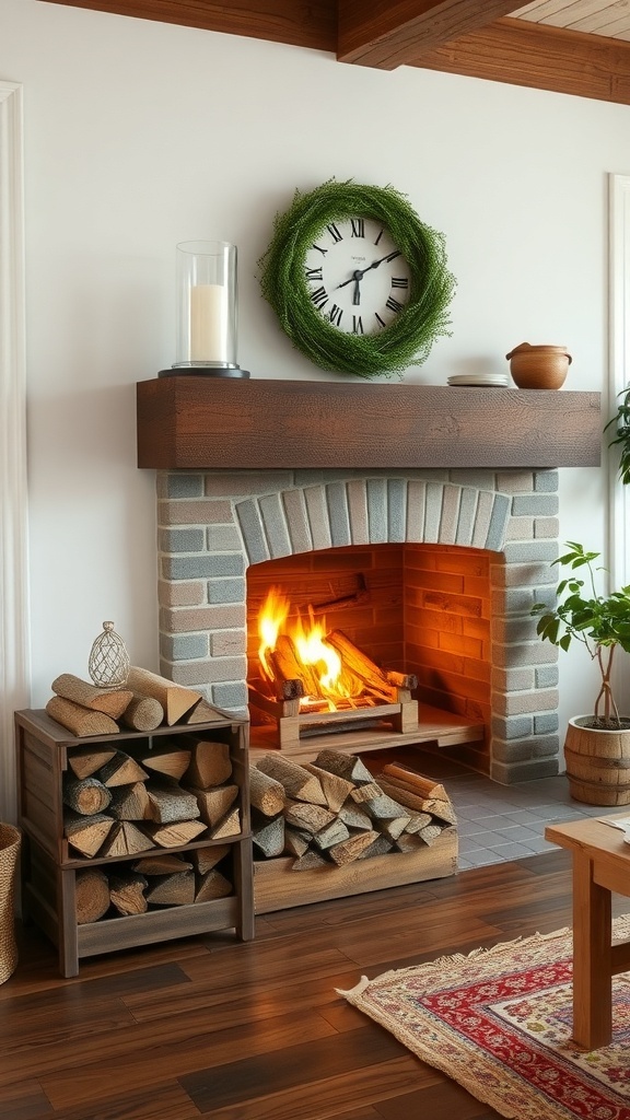 Cozy farmhouse fireplace with neatly stacked firewood storage