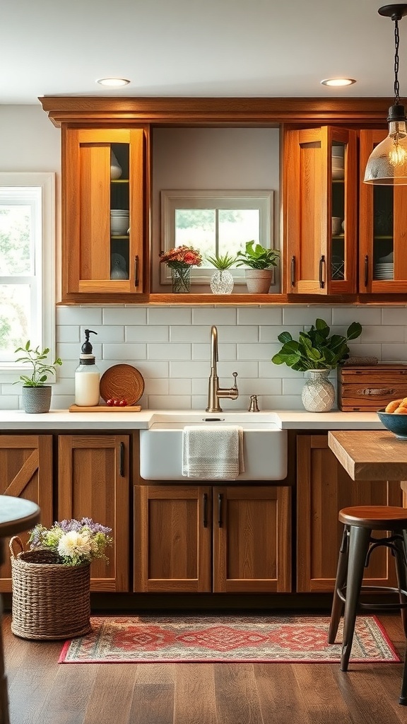 A rustic kitchen featuring wooden cabinets, a farmhouse sink, and decorative plants.