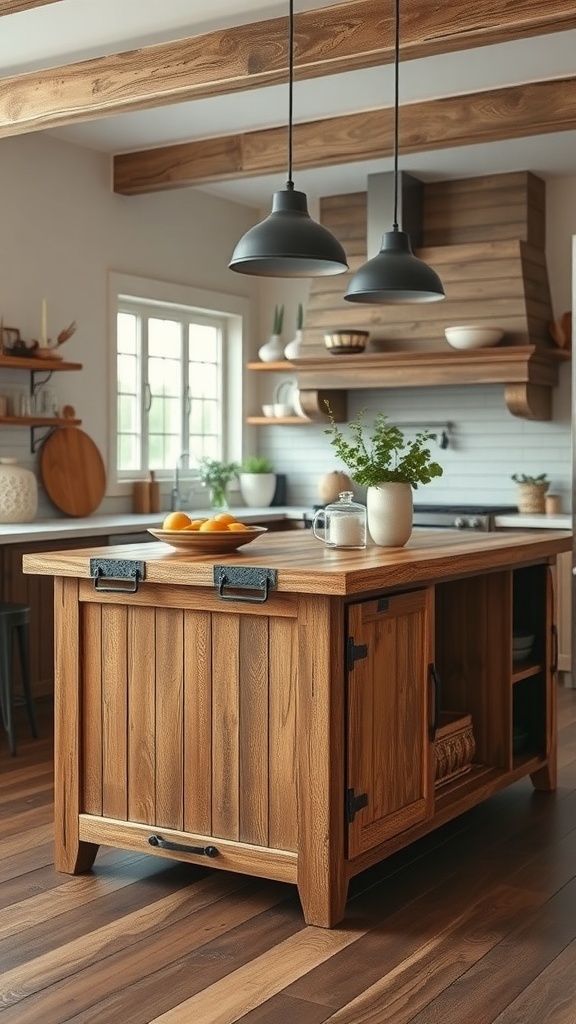 A rustic wooden kitchen island with sliding doors, black hardware, and pendant lights in a cozy farmhouse kitchen.
