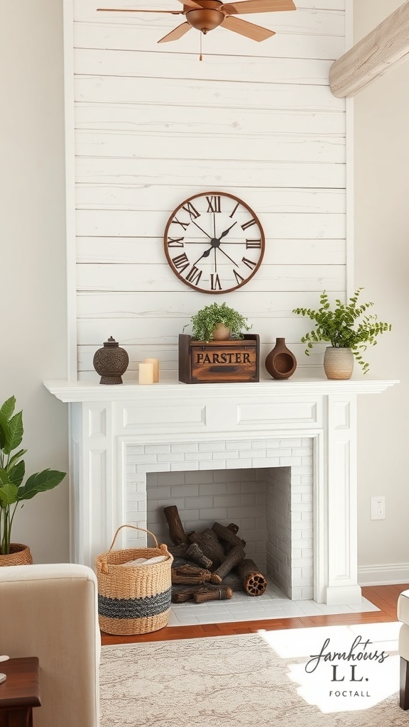 A rustic farmhouse style fireplace mantel with a white finish, adorned with a vintage clock, potted plants, and decorative items.