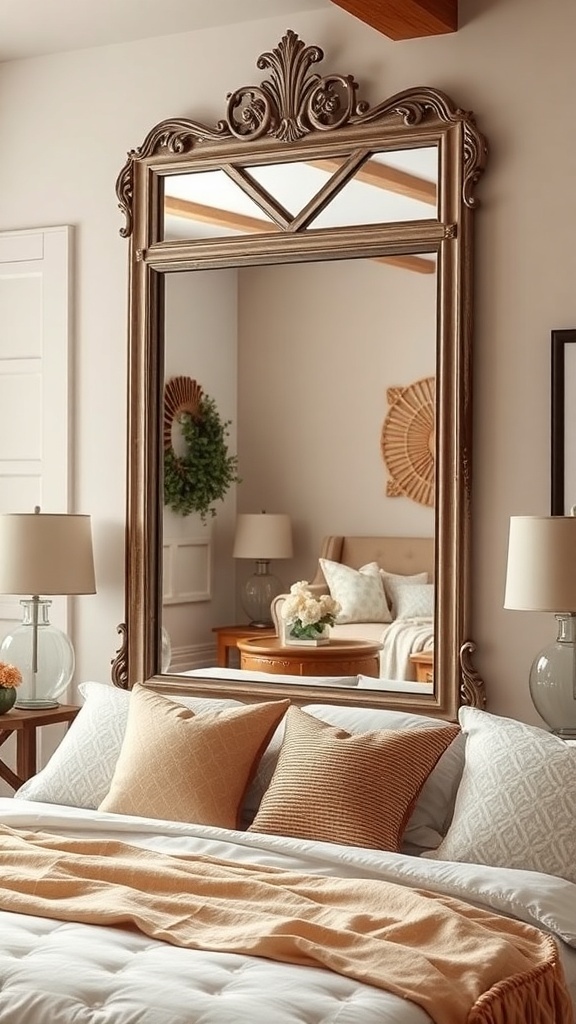 A beautifully framed mirror in a farmhouse bedroom, reflecting soft decor and warm colors.