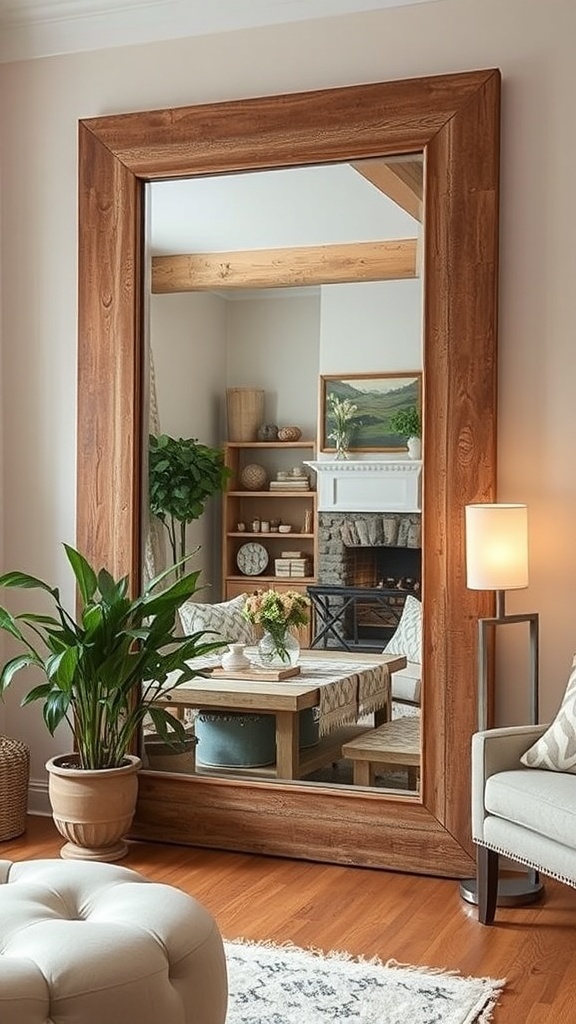 A large rustic wooden framed mirror reflecting a cozy farmhouse living room