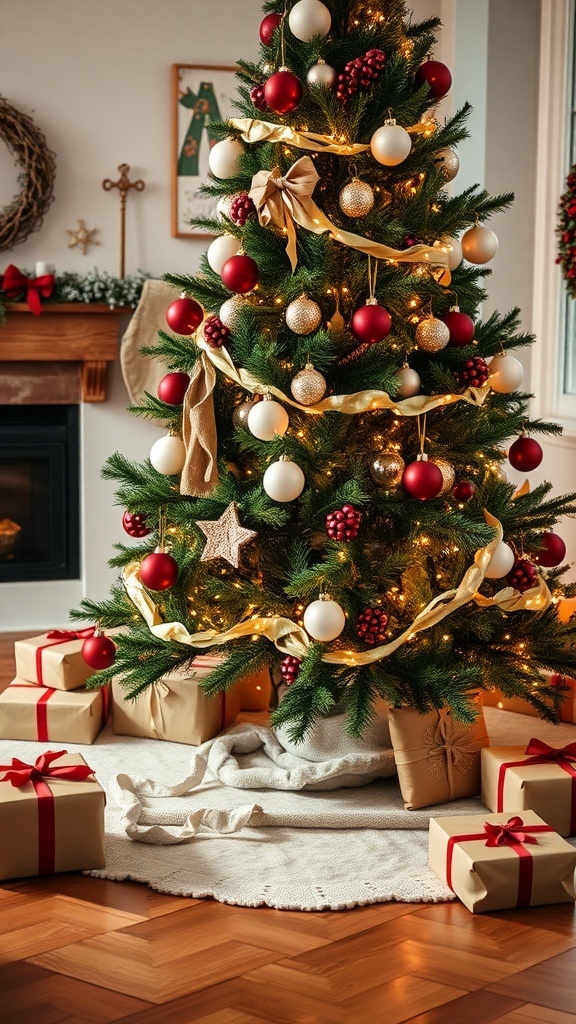 A beautifully decorated Christmas tree with a chunky knit tree skirt and wrapped gifts underneath.