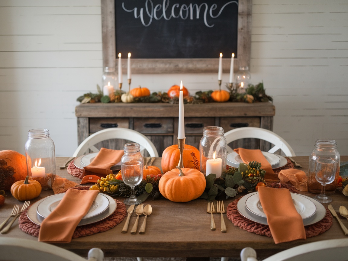A beautifully arranged farmhouse style Thanksgiving table with wooden accents, featuring autumn leaves, candles, and white pumpkins.
