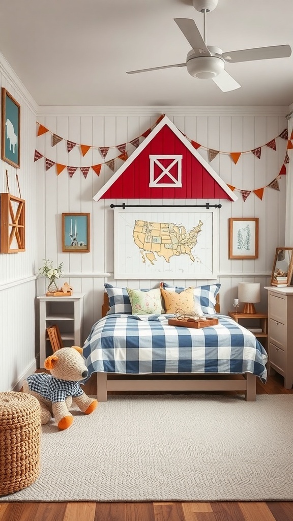 A boy's bedroom decorated in a farmyard theme with a barn-shaped headboard, blue and white checkered bedding, and playful decor.