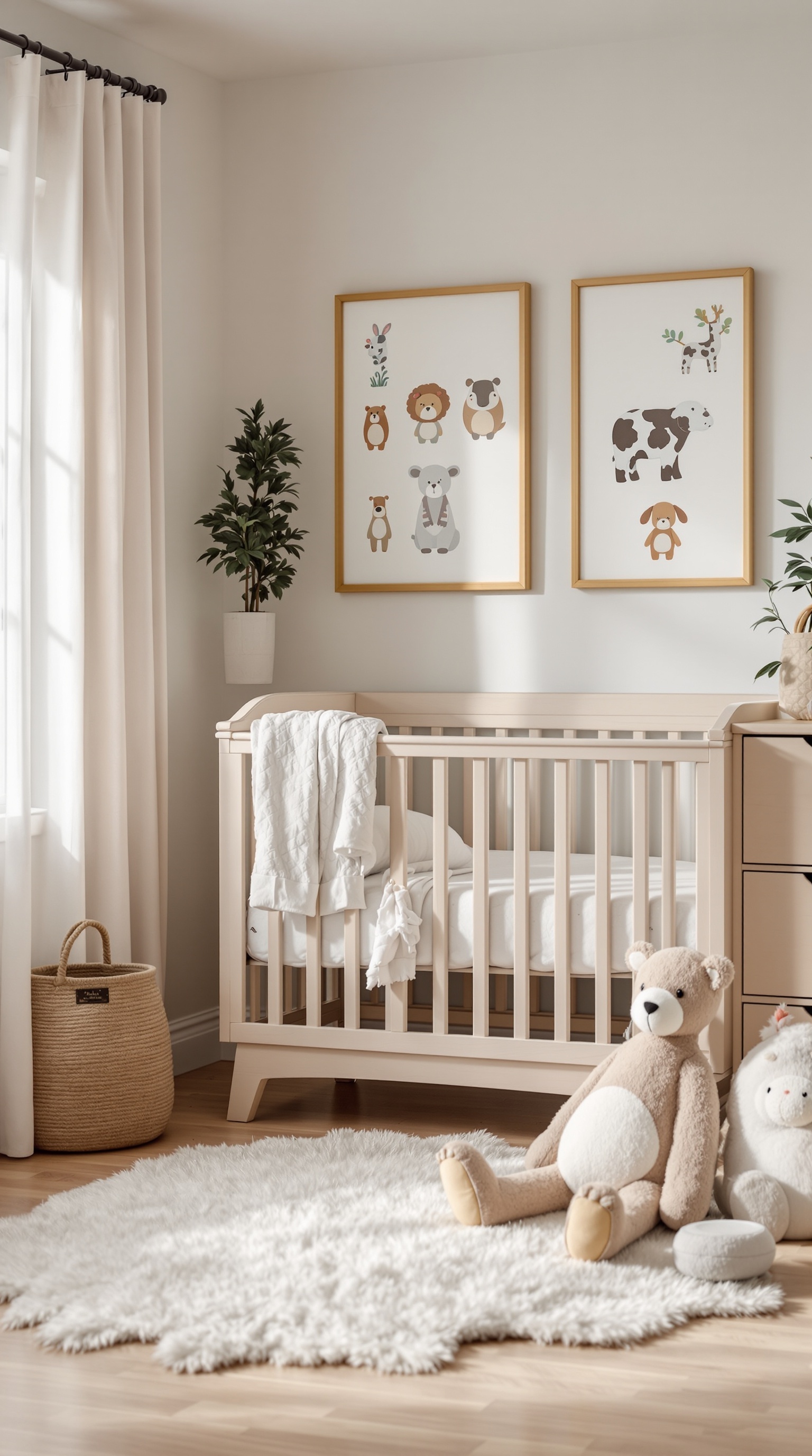 A cozy baby nursery with a farmyard theme, featuring animal prints, a wooden crib, and plush toys.