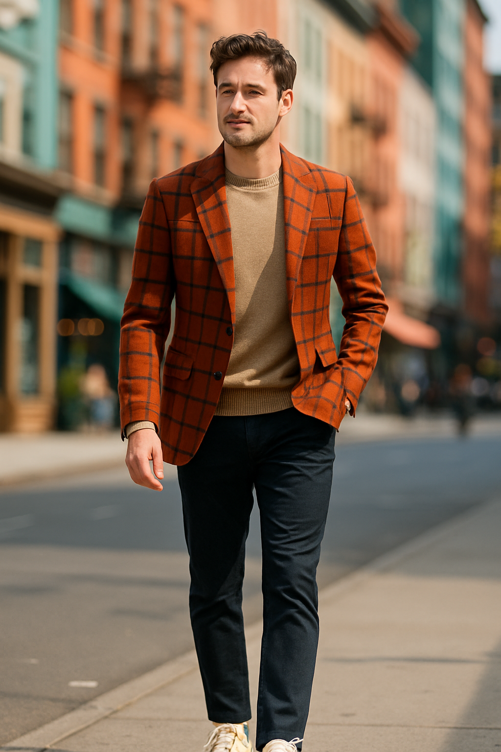 A man wearing an orange check blazer, beige sweater, and dark pants, walking in the city with white sneakers.