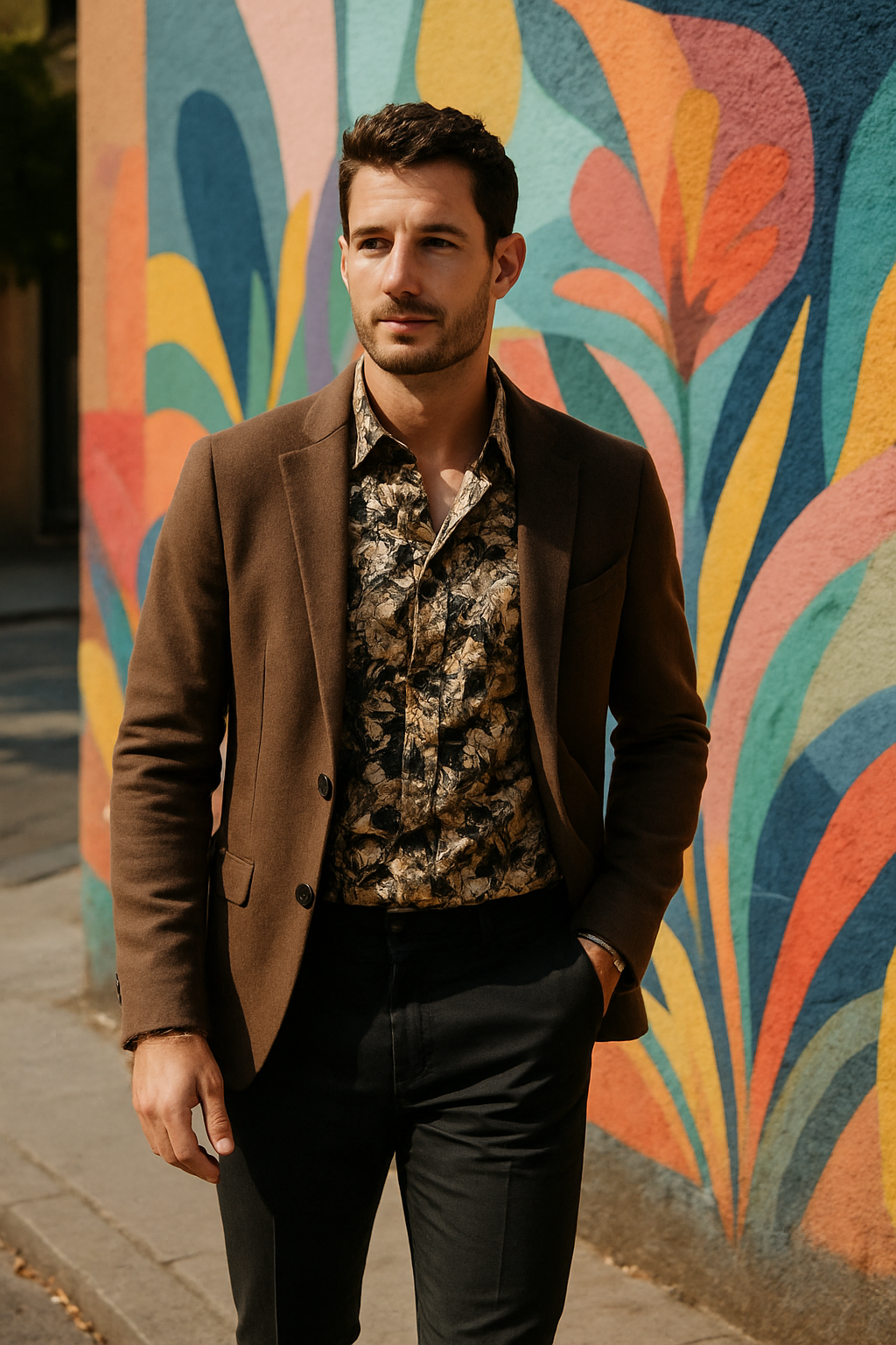 A man in a floral printed shirt and brown blazer standing in front of a colorful mural.