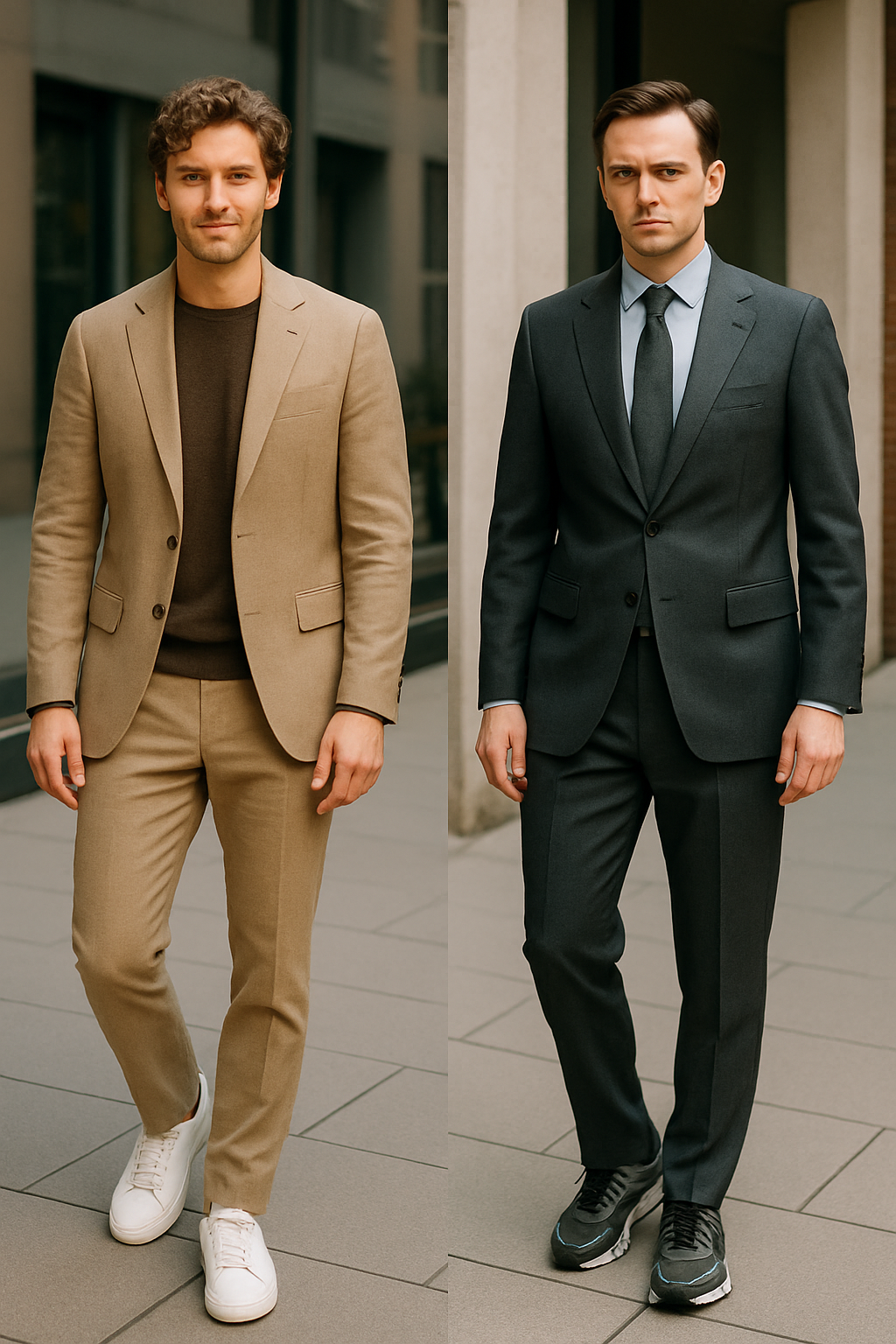 Two men wearing suits with sneakers, one in a beige suit and white sneakers, the other in a dark suit with black sneakers.