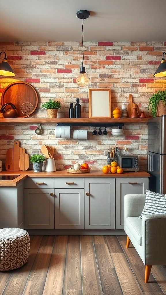 A cozy kitchen featuring a faux brick wall, gray cabinets, and wooden countertops.