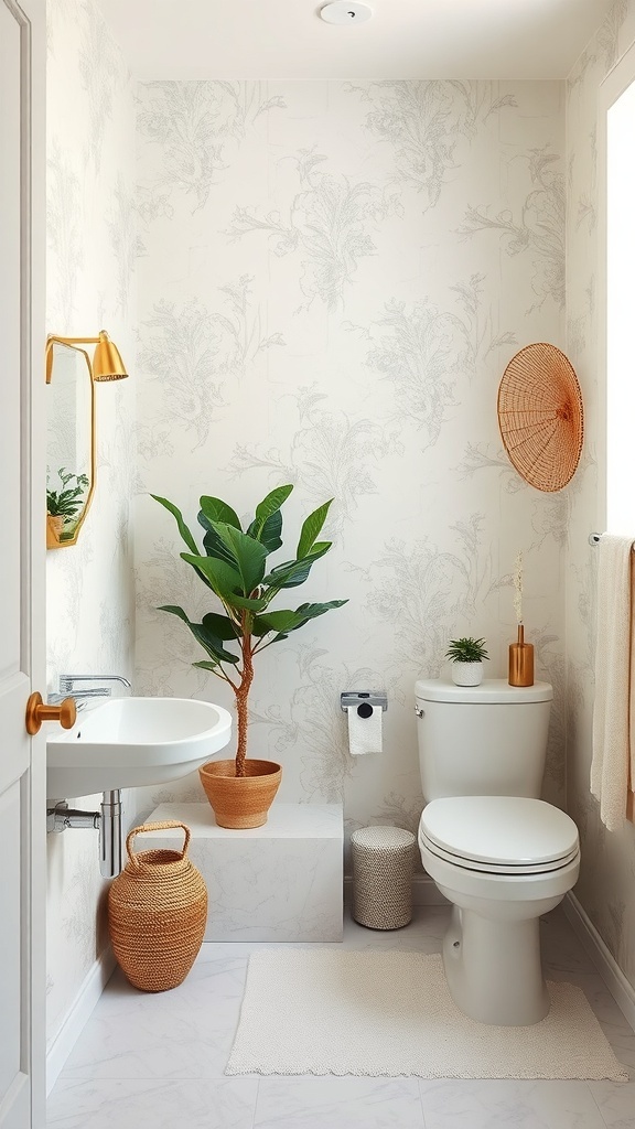 A small bathroom with floral wallpaper, a potted plant, and modern fixtures.