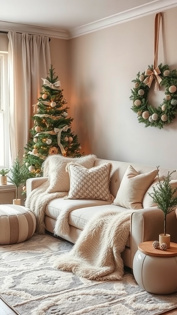 Cozy living room decorated for Christmas with faux fur accents, a tree, and a wreath.