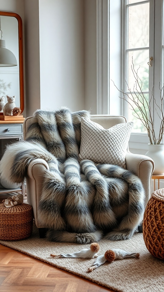 A cozy chair with a faux fur throw and textured pillow, creating a warm winter decor.