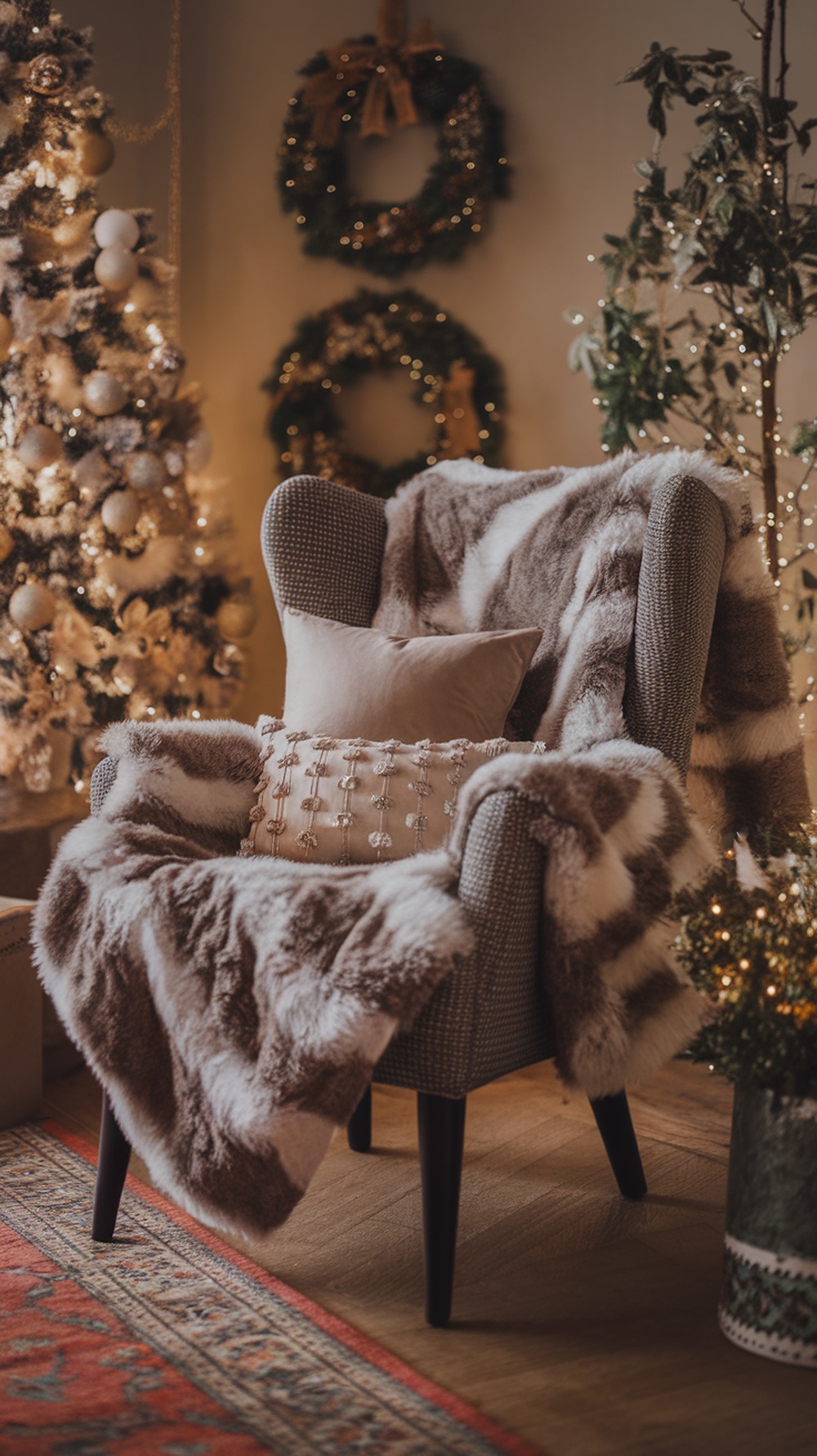 A cozy armchair with a faux fur throw and decorative pillow, surrounded by Christmas decor.