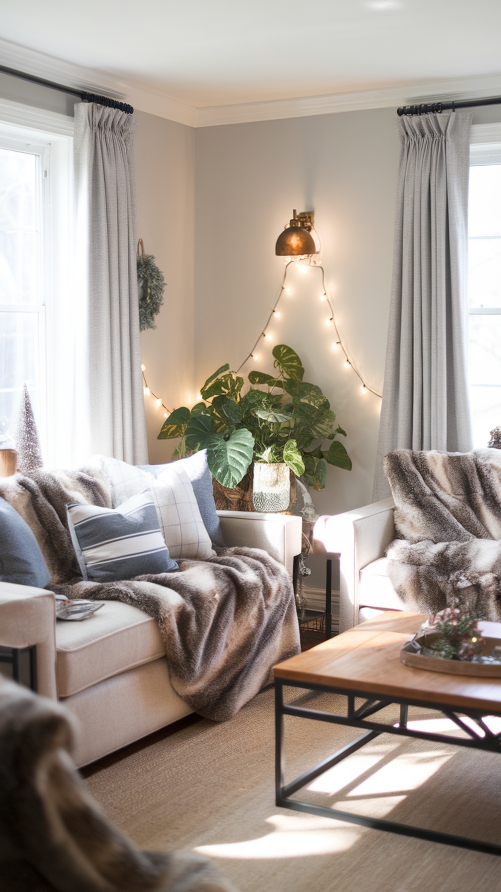 Cozy living room with faux fur throws on sofas, decorative pillows, and string lights.