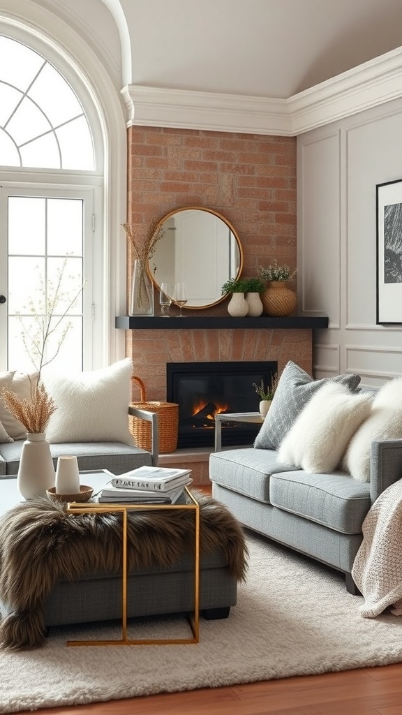 Cozy living room with faux fur accents, featuring a gray sofa, a coffee table with a faux fur throw, and a warm fireplace.