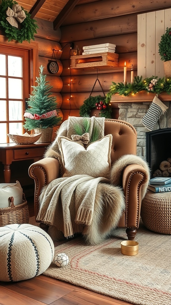 A cozy armchair with faux fur accents, surrounded by rustic Christmas decor.