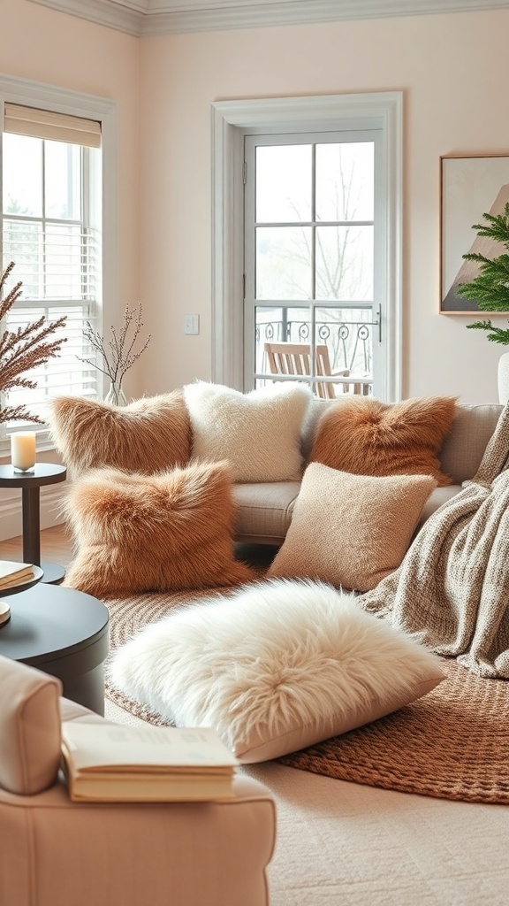 Cozy living room with faux fur pillows and warm decor